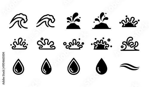 Water Splash and Wave Icon Set Featuring Liquid Drops, Ocean Waves, and Decorative Flow Elements, Minimal Line and Silhouette Vector Collection for Design