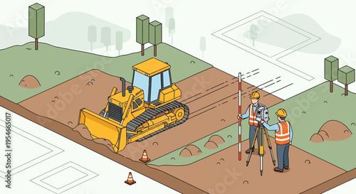 Yellow Construction Bulldozer and Workers Site.