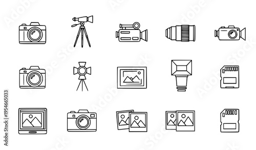 Photography and Camera Line Icon Set Featuring DSLR, Tripod, Video Recorder, Lens, Flash, Gallery Images, and Media Equipment Symbols for Creative Design