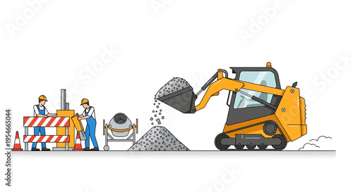 Yellow construction excavator with workers.