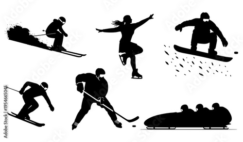 Winter Sports Silhouette Icon Set with Skiing, Snowboarding, Ice Skating, Hockey, and Bobsleigh Athletes, Outdoor Activity Black Vector Collection for Design