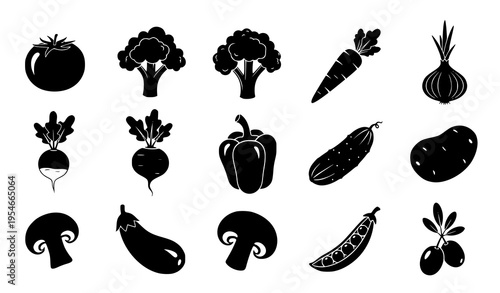 Vegetable Icon Set Featuring Tomato, Broccoli, Carrot, Onion, Pepper, Eggplant, Mushroom, and Pea Pod, Fresh Organic Food Silhouette Collection for Cooking and Design
