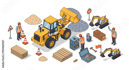 Yellow construction vehicles and workers.