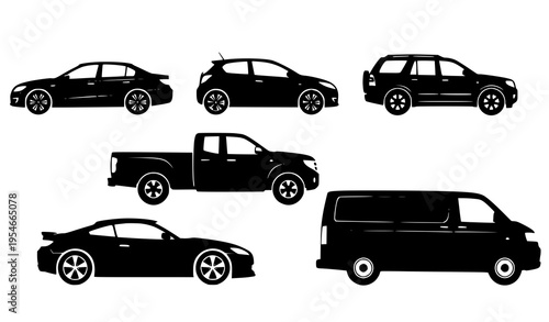 Vehicle Silhouette Icon Set Featuring Sedan, Hatchback, SUV, Pickup Truck, Sports Car, and Cargo Van, Transportation Collection with Black Vector Symbols for Design