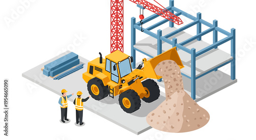 Yellow Construction Tractor with Workers.