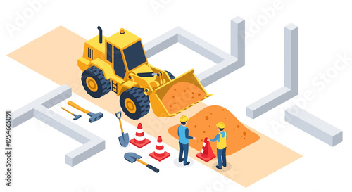 Yellow Construction Tractor with Workers.