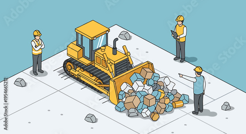 Construction workers with bulldozer and debris.