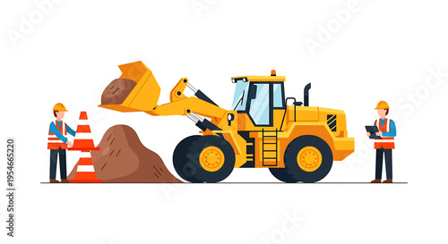 Yellow Construction Tractor with Workers.