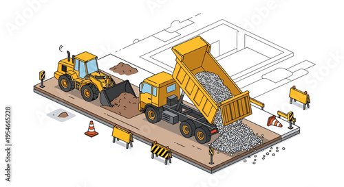 Yellow construction trucks on site.