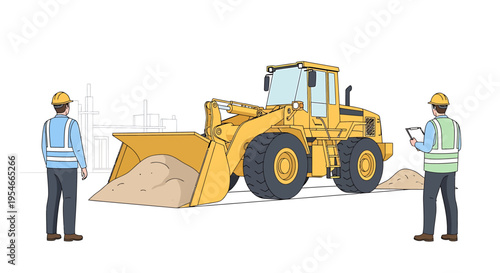 Two construction workers near loader machine.