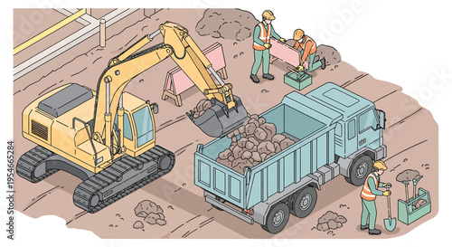 Workers loading debris into truck.