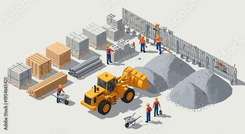 Yellow construction tractor with workers nearby.