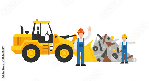 Two workers with a yellow tractor.