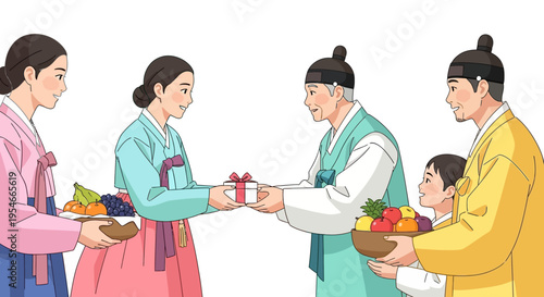 Korean Family Giving Gifts and Fruits During Traditional Holiday Celebration