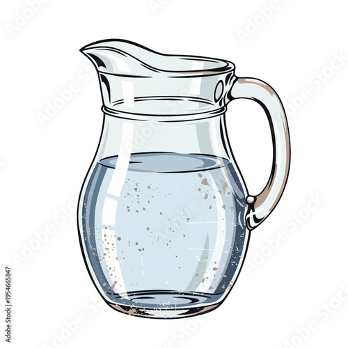 Clear pitcher filled with cool water, isolated on white background.