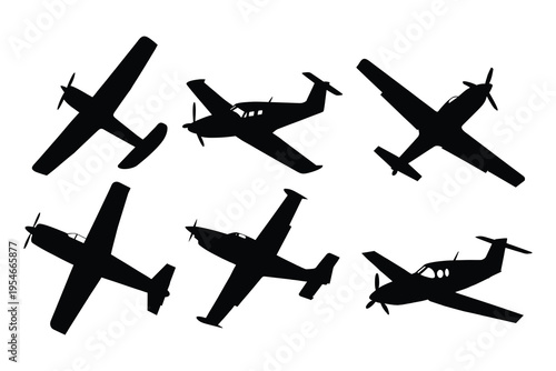 Set of Light Propeller Airplane Silhouettes, Vector Illustration of Small Private Aircraft and Personal Planes Isolated on White