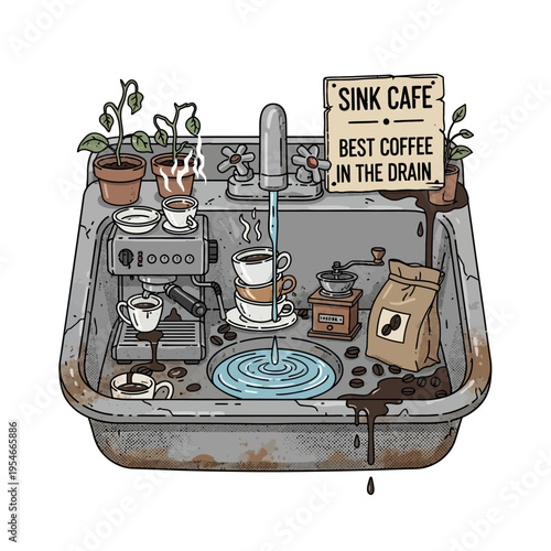 Coffee making setup in a dirty sink with plants and a sign