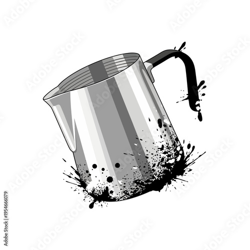 Metal milk pitcher with black ink splatter