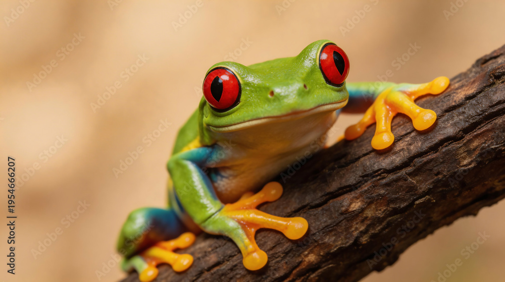 Obraz premium Vibrant Red-Eyed Tree Frog Perched on a Branch in a Natural Habitat