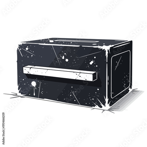Vintage black piano with white paint splatters, isolated on white background