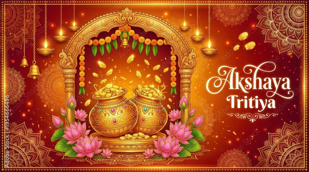 Obraz premium Akshaya Tritiya Gold Pot and Lotus Flowers Composition