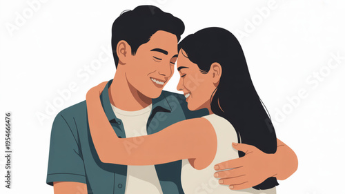 Loving couple embracing smiling and touching foreheads in a tender moment of affection and intimacy