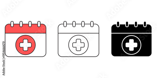 Medical Appointment Calendar Icons Set. Outline, and Silhouette Styles for Healthcare Scheduling and Hospital Booking Design.