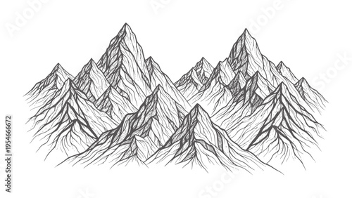Hand drawn of jagged mountain peaks in monochrome black