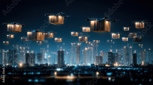 Multiple delivery drones flying above illuminated city skyline at night transporting packages between buildings. Drone fleet logistics concept