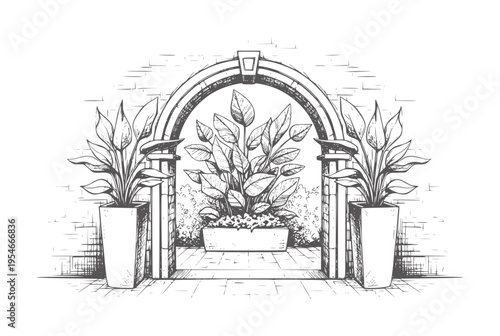 Of an arched garden entrance with potted plants and brick wall