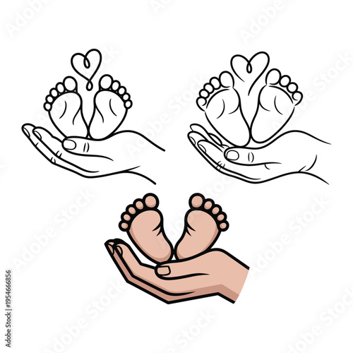 Newborn baby feet in parent hand love care and protection parenting concept vector illustration