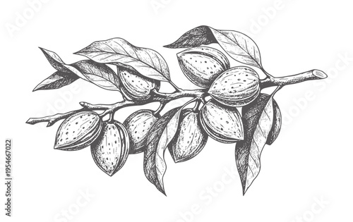 Vintage of almond branch with fruits and leaves leaf