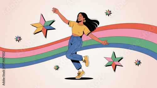 Woman dancing with colorful stars and rainbow wave on beige background joyful and carefree