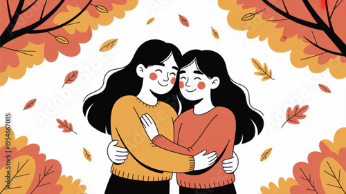 Two young women hugging each other with autumn leaves falling around them in a warm and cozy seasonal scene