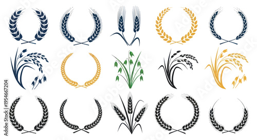 Wheat Wreath Icons Set - Harvest, Agriculture, Organic Food & Award Symbols