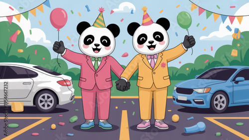 Two pandas in party suits holding balloons in parking lot with cars and confetti