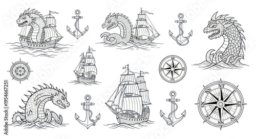 Nautical Fantasy Collection: Sea Monsters, Ships, Anchors, and Compasses