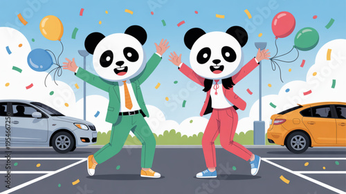 Two cheerful panda bears dancing in parking lot with colorful balloons and confetti celebrating joyful event with cars and blue sky background