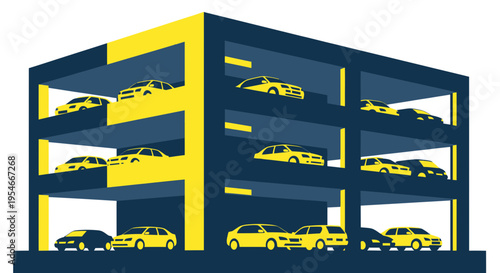 Modern multi-level car parking garage with yellow cars, urban design