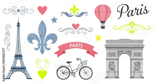 Parisian Icons Collection: Eiffel Tower, Arc de Triomphe, Hot Air Balloon, Bicycle