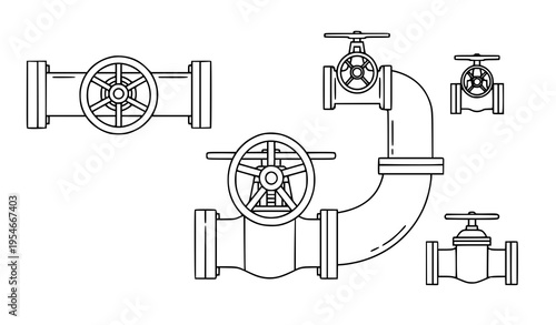 Pipeline and Valve Icon Set with Industrial Pipe Systems, Water Flow Control, Plumbing Equipment, and Mechanical Engineering Components for Infrastructure Design