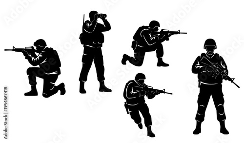 Military Soldiers in Combat Icon Set with Armed Forces in Tactical Positions, Shooting Stances, and Defense Security Silhouettes for Army and War Design