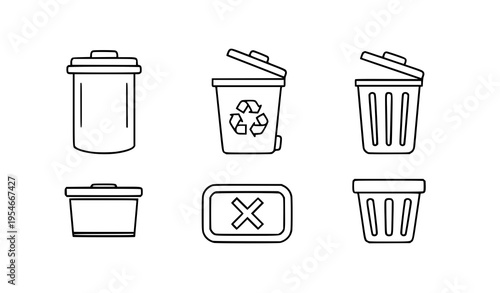 Trash Bin and Recycling Icon Set with Garbage Containers, Waste Disposal Symbols, Delete Sign, and Environmental Sanitation Elements for Clean Management Design