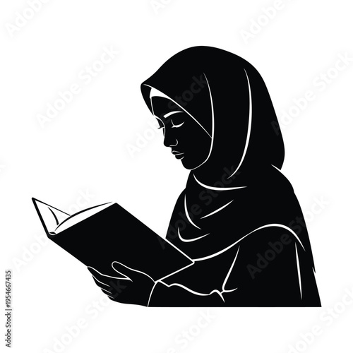 A black and white silhouette illustration of a young woman wearing a hijab while reading a book