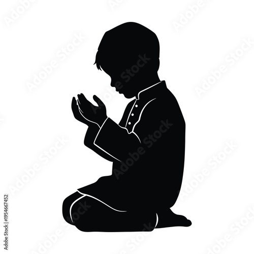 A black silhouette of a young boy kneeling and praying with hands raised in a humble gesture