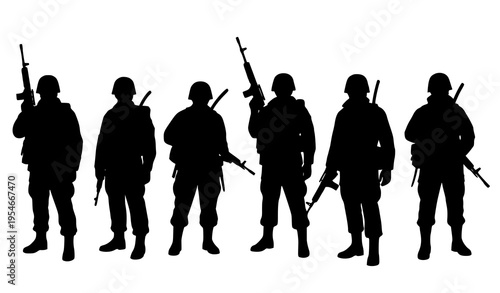 Military Soldier Silhouettes Icon Set with Armed Forces Personnel Standing with Rifles, Combat Uniforms, and Defense Security Figures for Army and War Design
