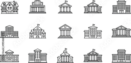 Building icon set, architecture artwork design, institutional vector motif, bold graphic symbol, black white office illustration