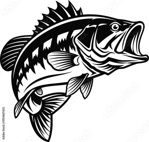 Largemouth bass illustration, freshwater fish artwork design, wildlife vector motif, bold graphic icon, black white fishing symbol
