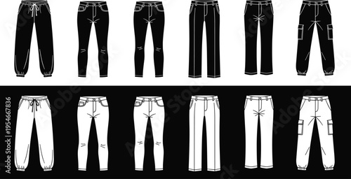 Pants illustration set, fashion clothing artwork design, apparel vector motif, bold graphic icon, black white trousers symbol