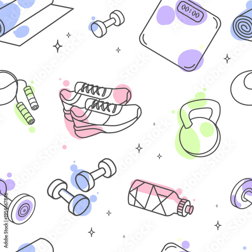 Seamless fitness pattern with gym equipment including sneakers dumbbells kettlebell jump rope water bottle and scale minimal line art with pastel accents, modern sporty design.Vector illustration